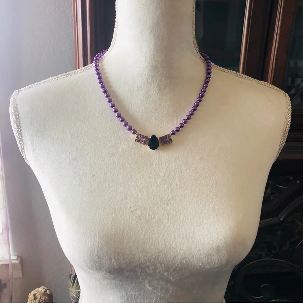 Handcrafted repurpose purple passion sparkle pendant Czech glass Pearl necklace